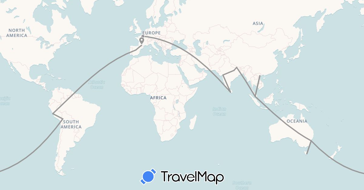 TravelMap itinerary: driving, plane in Australia, Spain, France (Europe, Oceania)